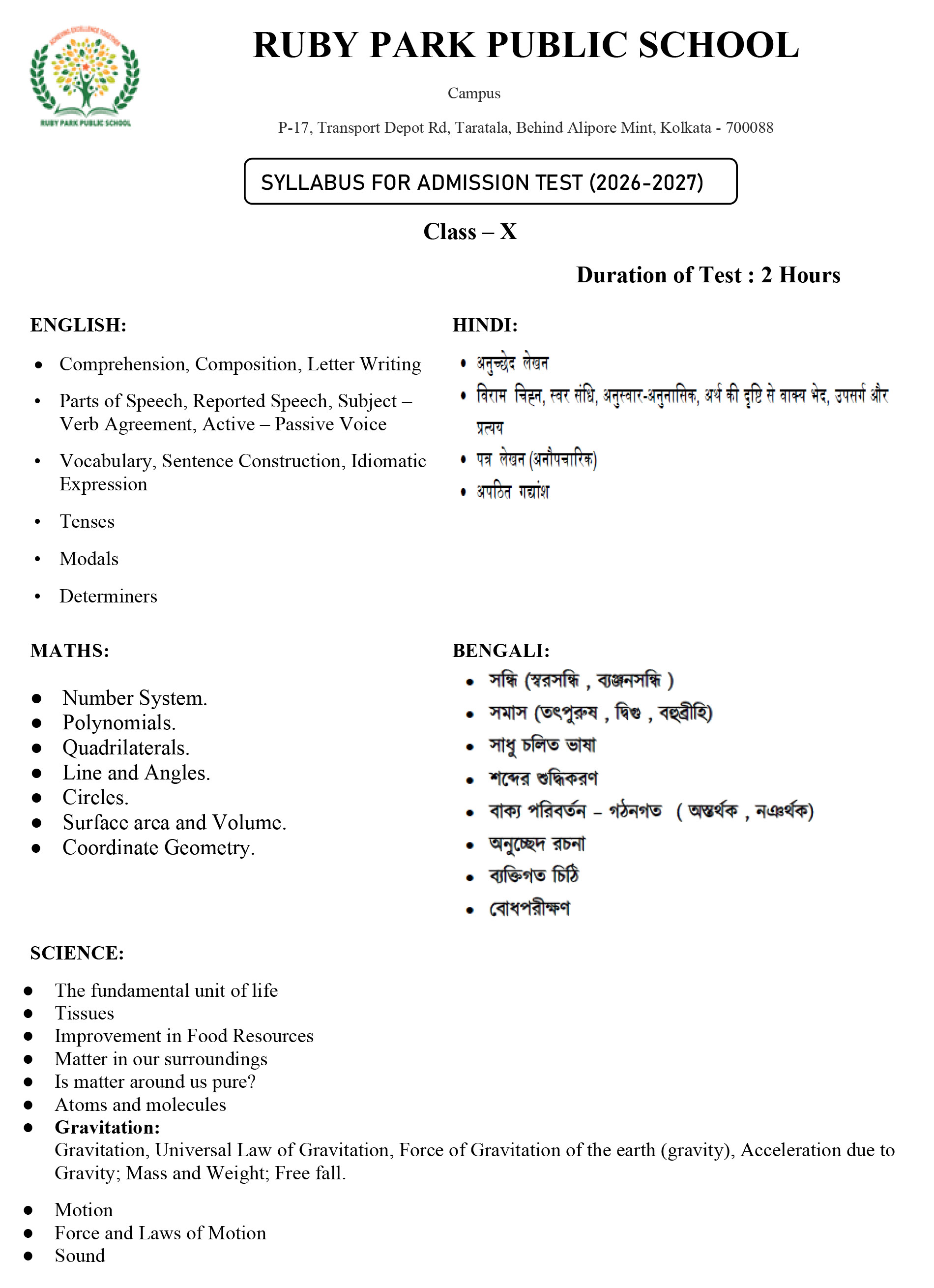 Syllabus for Assessment